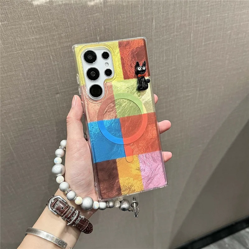 For Samsung Galaxy S24 Ultra Magnetic Case Geometry Pattern PC+TPU Phone Cover with Beads Hand Strap - Coloful Geometry Block