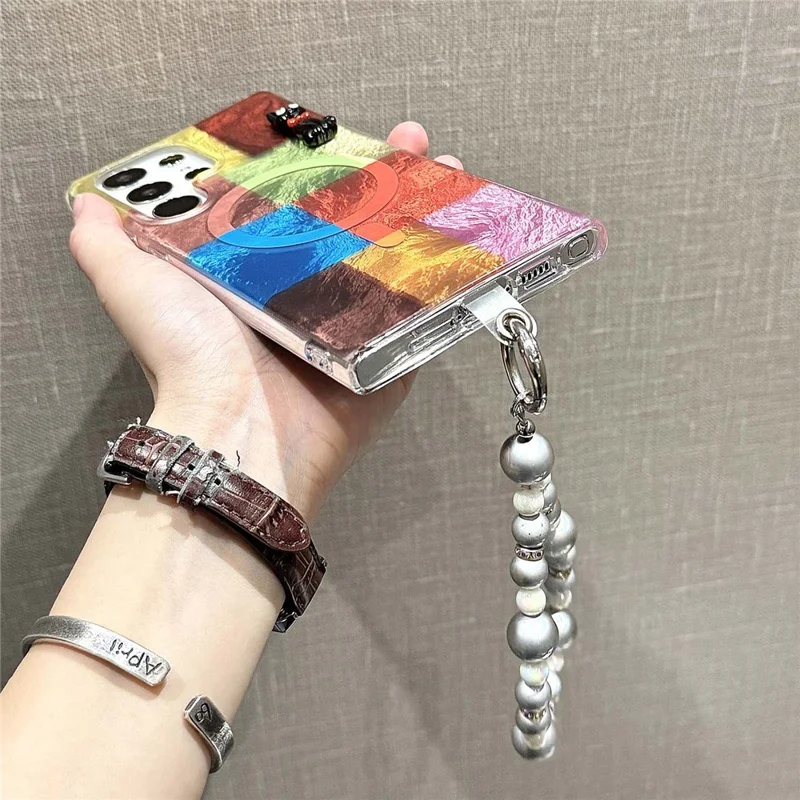 For Samsung Galaxy S24 Ultra Magnetic Case Geometry Pattern PC+TPU Phone Cover with Beads Hand Strap - Coloful Geometry Block