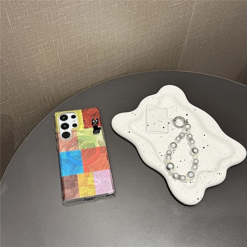 For Samsung Galaxy S24 Ultra Magnetic Case Geometry Pattern PC+TPU Phone Cover with Beads Hand Strap - Coloful Geometry Block