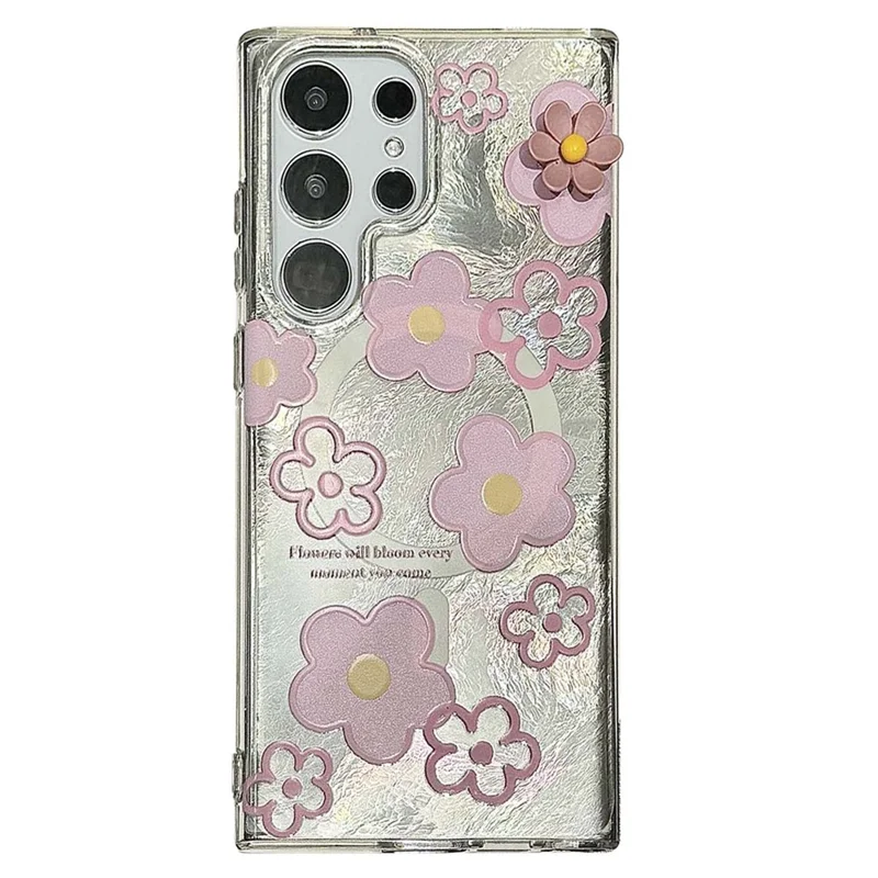 For Samsung Galaxy S24 Ultra Magnetic Case Flower Pattern PC+TPU Phone Cover - Pink Flower