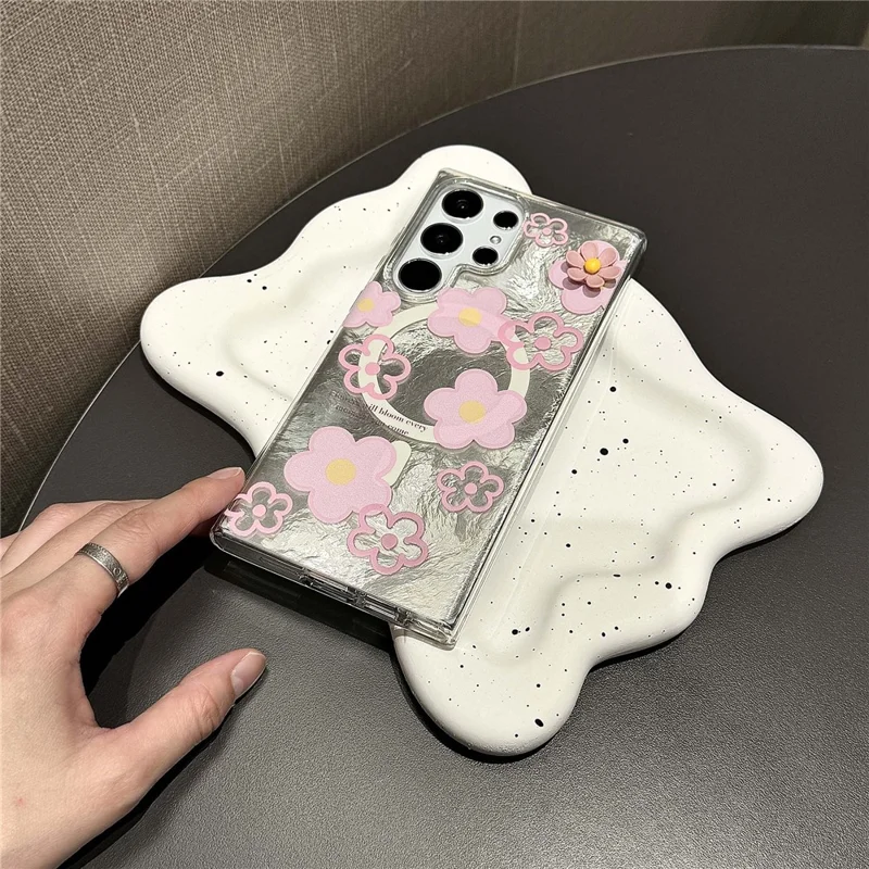 For Samsung Galaxy S24 Ultra Magnetic Case Flower Pattern PC+TPU Phone Cover - Pink Flower