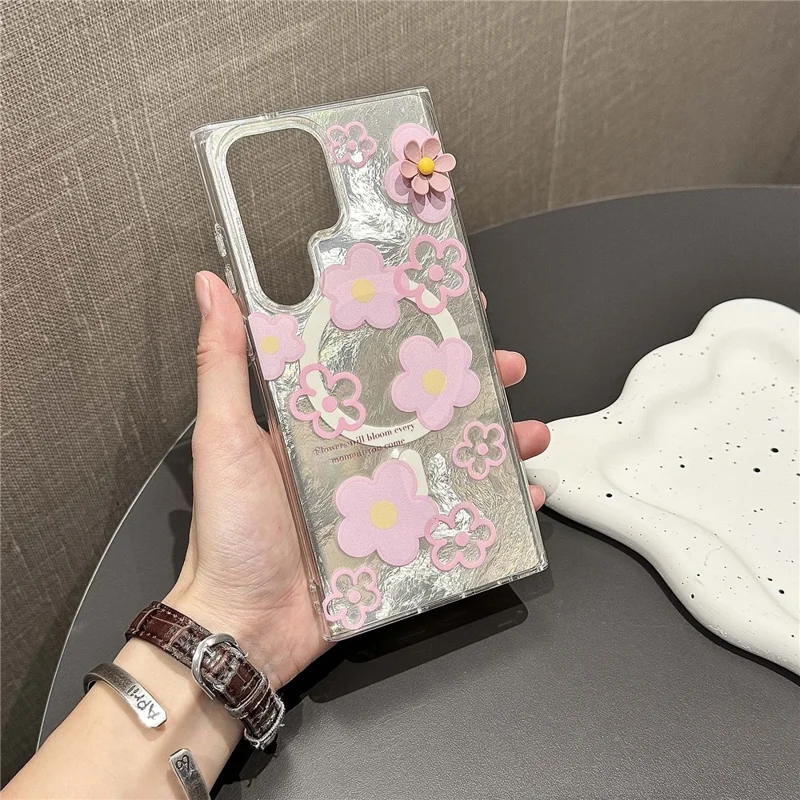 For Samsung Galaxy S24 Ultra Magnetic Case Flower Pattern PC+TPU Phone Cover - Pink Flower
