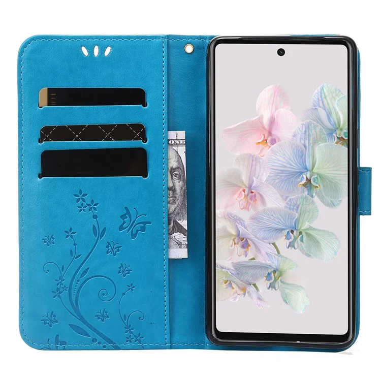 For Google Pixel 7 Pro Wallet Stand PU Leather Imprinting Flower Butterflies Case Full Protection Inner TPU Phone Cover with Strap - Blue