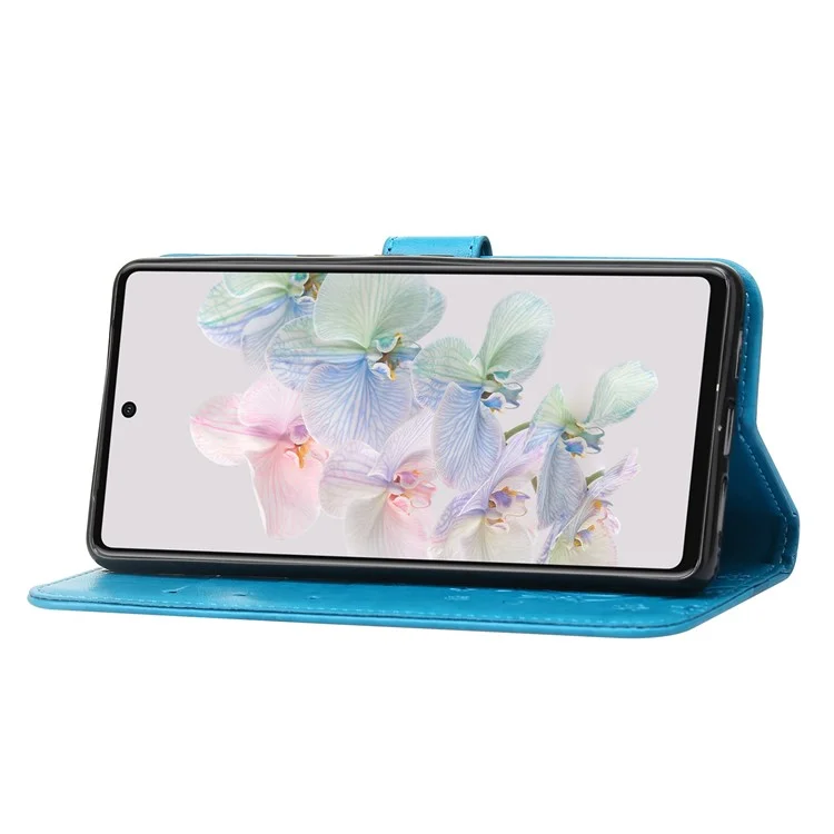 For Google Pixel 7 Pro Wallet Stand PU Leather Imprinting Flower Butterflies Case Full Protection Inner TPU Phone Cover with Strap - Blue
