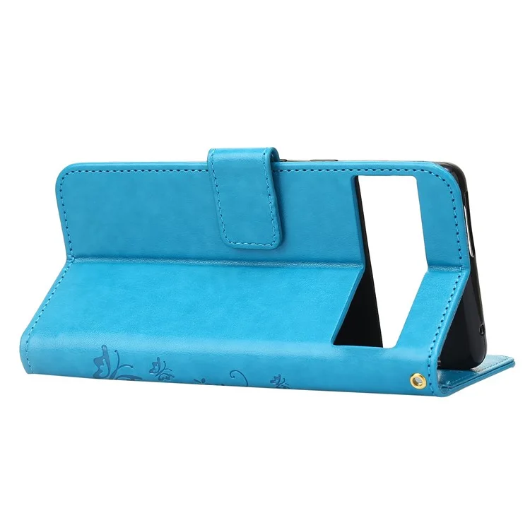 For Google Pixel 7 Pro Wallet Stand PU Leather Imprinting Flower Butterflies Case Full Protection Inner TPU Phone Cover with Strap - Blue