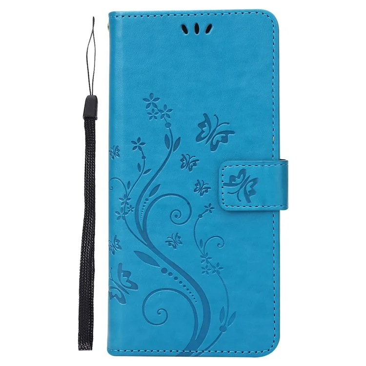 For Google Pixel 7 Pro Wallet Stand PU Leather Imprinting Flower Butterflies Case Full Protection Inner TPU Phone Cover with Strap - Blue