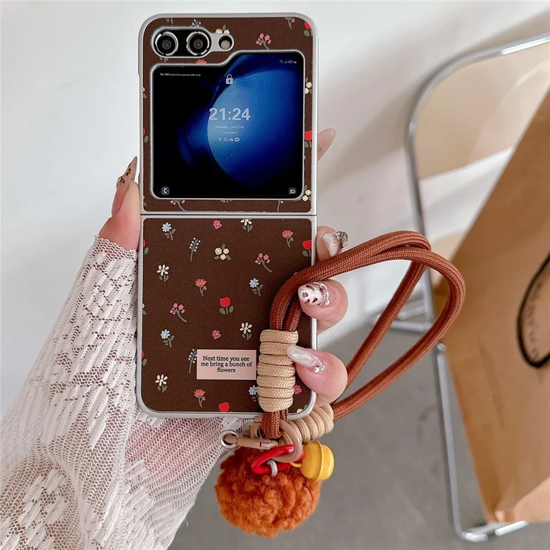 For Samsung Galaxy Z Flip7 FE 5G / Z Flip6 5G Case Leather+PC Floral Phone Cover with Hand Strap - Brown