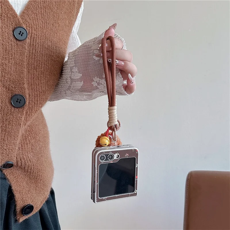 For Samsung Galaxy Z Flip7 FE 5G / Z Flip6 5G Case Leather+PC Floral Phone Cover with Hand Strap - Brown