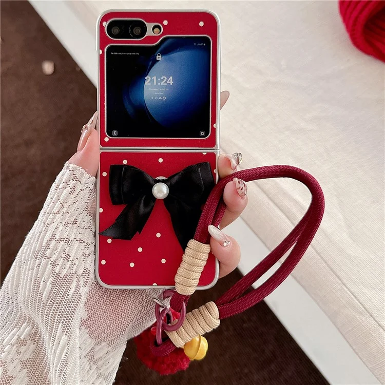 For Samsung Galaxy Z Flip6 5G Case Dots Bowknot Leather+PC Phone Cover with Hand Strap