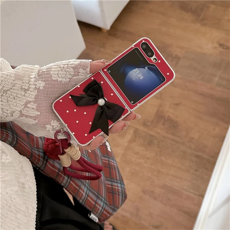 For Samsung Galaxy Z Flip6 5G Case Dots Bowknot Leather+PC Phone Cover with Hand Strap