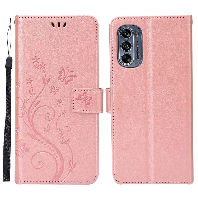 Para Motorola Moto G62 5G Impresión de Mariposas de Flores Case de Teléfono Soporte PU Cubierta de Teléfono de Cuero Con Correa - Oro Rosa