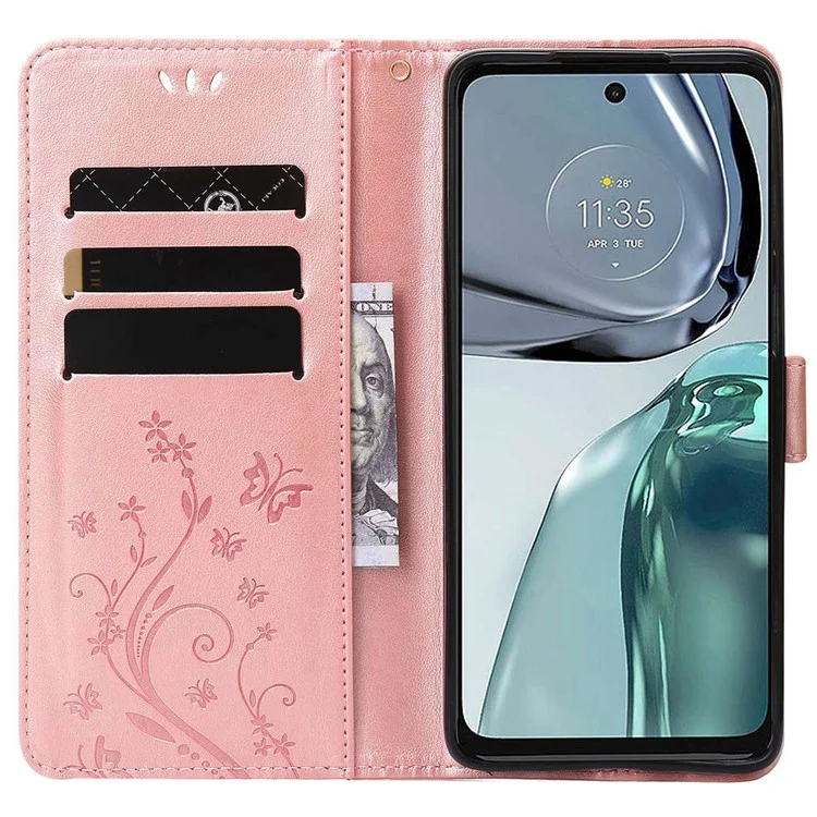 Para Motorola Moto G62 5G Impresión de Mariposas de Flores Case de Teléfono Soporte PU Cubierta de Teléfono de Cuero Con Correa - Oro Rosa