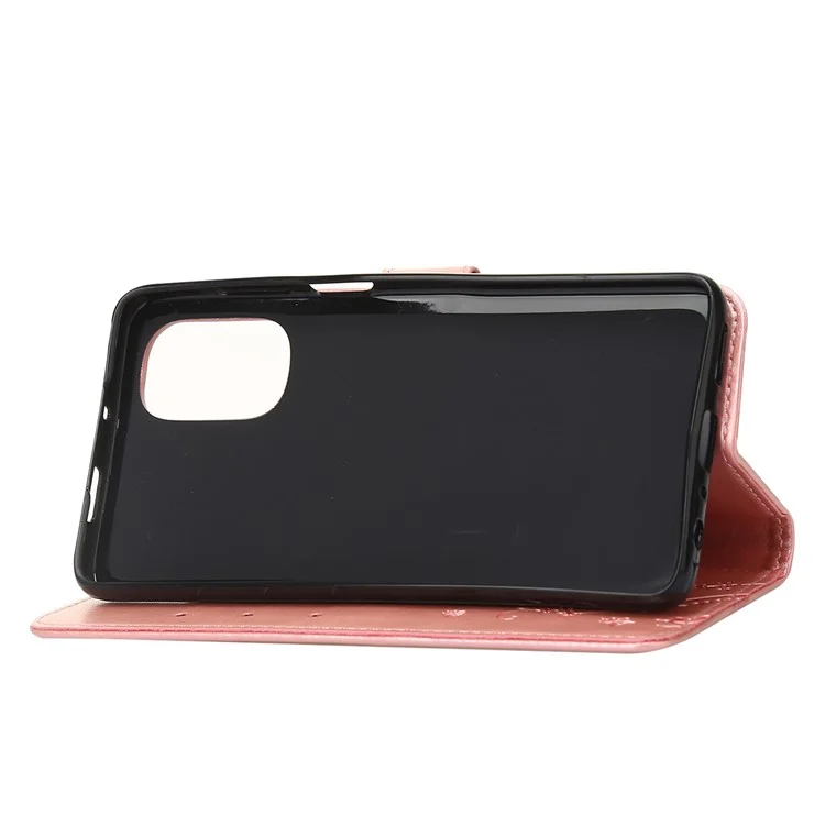 Para Motorola Moto G62 5G Impresión de Mariposas de Flores Case de Teléfono Soporte PU Cubierta de Teléfono de Cuero Con Correa - Oro Rosa
