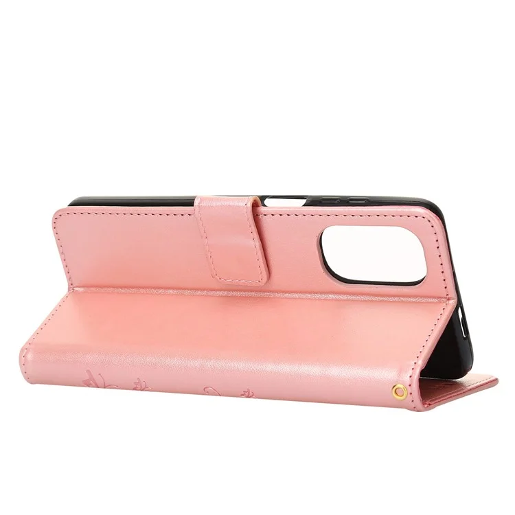Para Motorola Moto G62 5G Impresión de Mariposas de Flores Case de Teléfono Soporte PU Cubierta de Teléfono de Cuero Con Correa - Oro Rosa