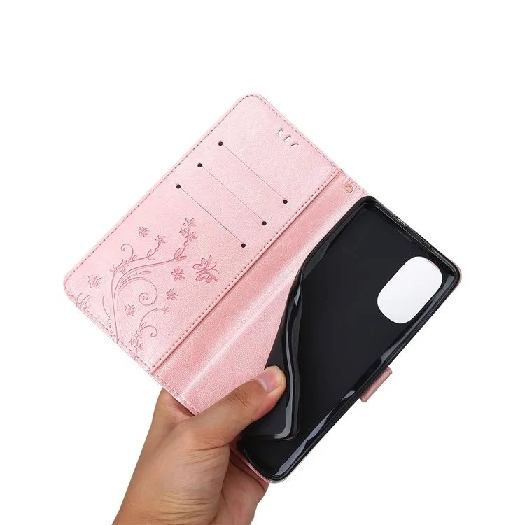 Para Motorola Moto G62 5G Impresión de Mariposas de Flores Case de Teléfono Soporte PU Cubierta de Teléfono de Cuero Con Correa - Oro Rosa