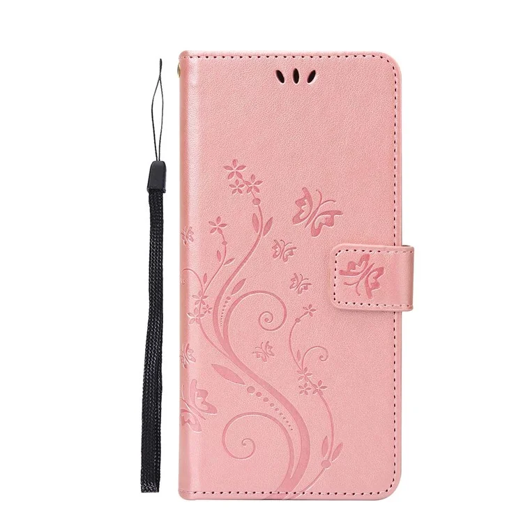Para Motorola Moto G62 5G Impresión de Mariposas de Flores Case de Teléfono Soporte PU Cubierta de Teléfono de Cuero Con Correa - Oro Rosa