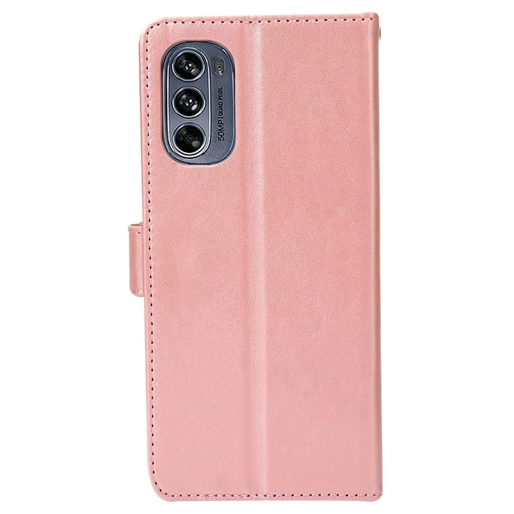 Para Motorola Moto G62 5G Impresión de Mariposas de Flores Case de Teléfono Soporte PU Cubierta de Teléfono de Cuero Con Correa - Oro Rosa