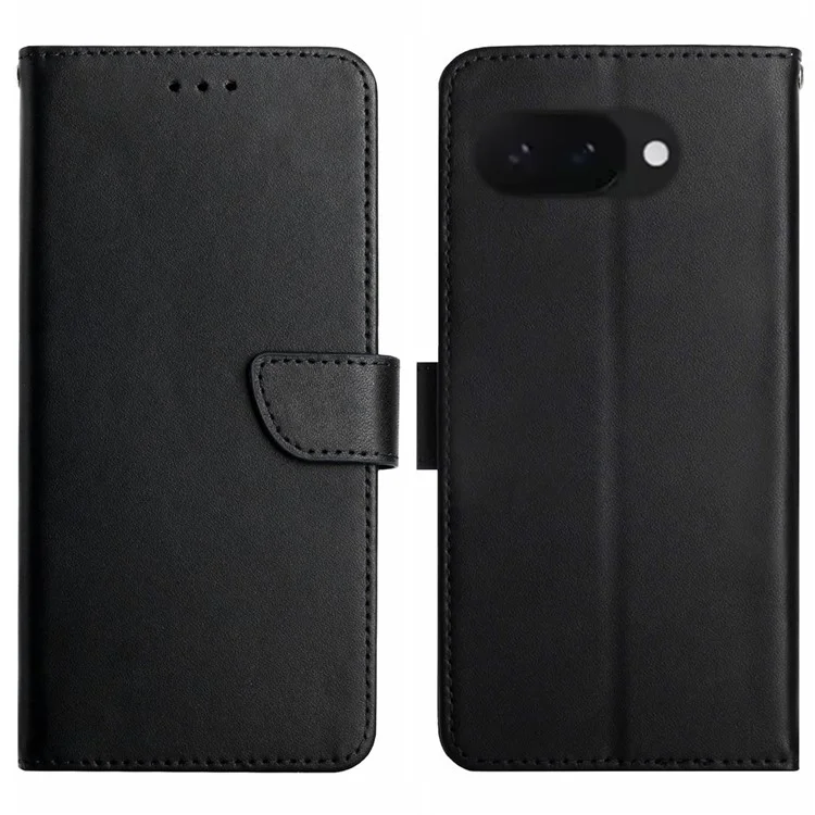 HT02 Genuine Cow Leather Phone Cover Nappa Texture für Google Pixel 9a - Schwarz
