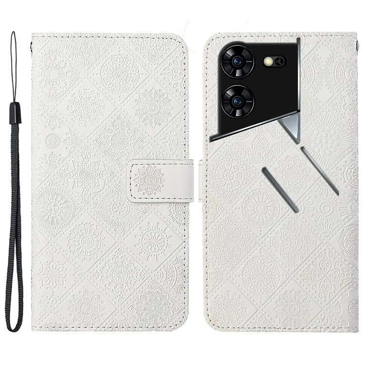 Für TECNO Pova 5 Pro 5G Hülle Ledertasche im ethnischen Stil mit Geldbörse und Trageriemen - Weiß