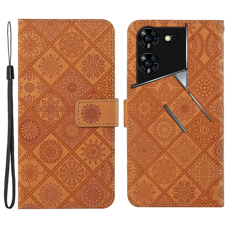 For TECNO Pova 5 Pro 5G Case Leather Case Ethnic Style Wallet Phone Cover with Strap - Brown