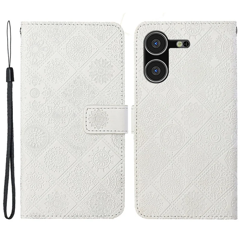 For TECNO Pova 5 4G Case Leather Case Ethnic Style Wallet Phone Cover with Strap - White