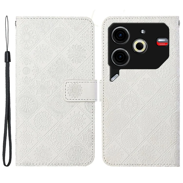 For TECNO Pova 6 Neo Case Leather Case Ethnic Style Wallet Phone Cover with Strap - White