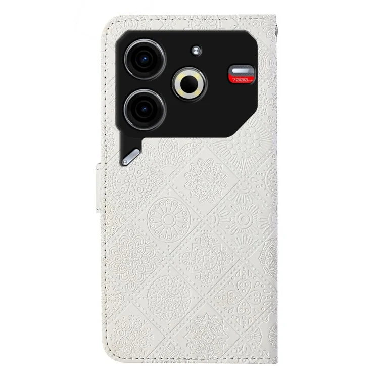 For TECNO Pova 6 Neo Case Leather Case Ethnic Style Wallet Phone Cover with Strap - White