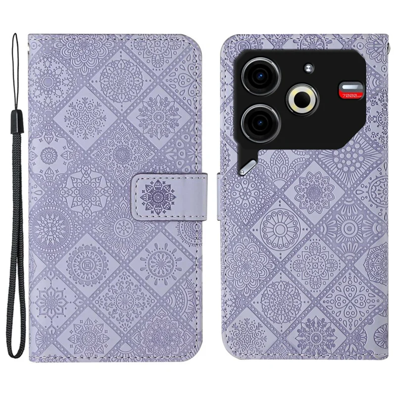 For TECNO Pova 6 Neo Case Leather Case Ethnic Style Wallet Phone Cover with Strap - Purple