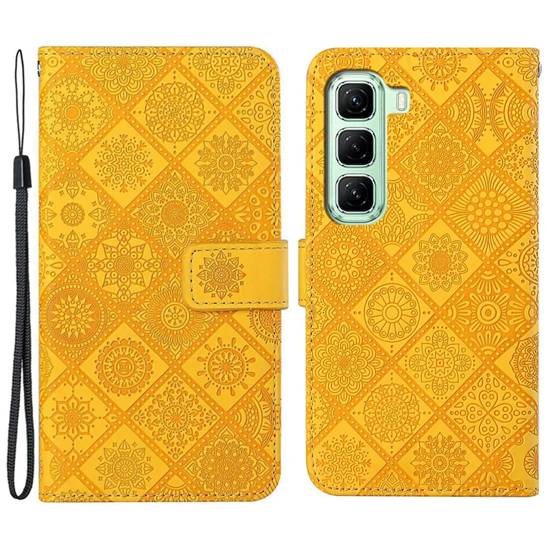 For Infinix Hot 50 5G Case Leather Case Ethnic Style Wallet Phone Cover with Strap - Yellow