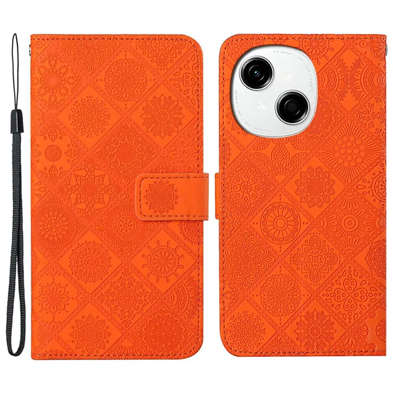 For TECNO Spark Go 2025 / Spark Go 1 / Pop 9 4G Case Leather Case Ethnic Style Wallet Phone Cover with Strap - Orange
