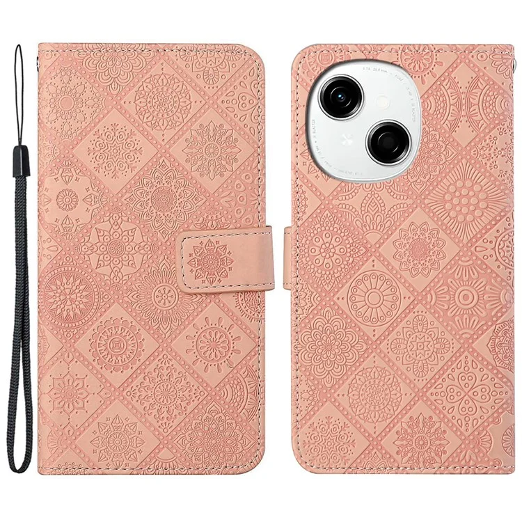 For TECNO Spark Go 2025 / Spark Go 1 / Pop 9 4G Case Leather Case Ethnic Style Wallet Phone Cover with Strap - Pink