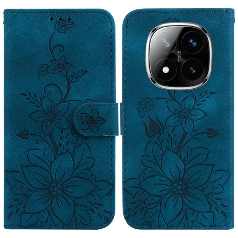 For Xiaomi Redmi Note 14 Pro 5G / Poco X7 5G Case Lily Flower Imprint Leather Phone Cover with Stand - Dark Blue