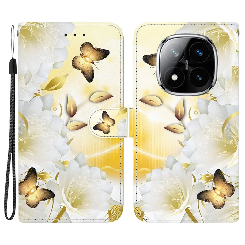 Custodia portafoglio per Xiaomi Redmi Note 14 Pro 5G, in pelle antiurto, con stampa a farfalla dorata e fiori - Oro