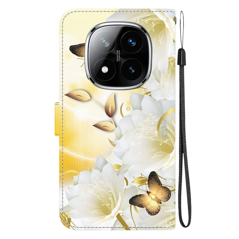 Custodia portafoglio per Xiaomi Redmi Note 14 Pro 5G, in pelle antiurto, con stampa a farfalla dorata e fiori - Oro