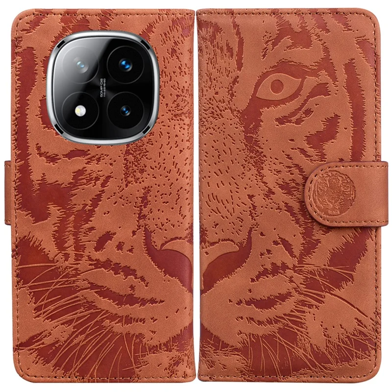 For Xiaomi Redmi Note 14 Pro 5G / Poco X7 5G Case Tiger Imprint Leather Wallet Phone Cover - Brown