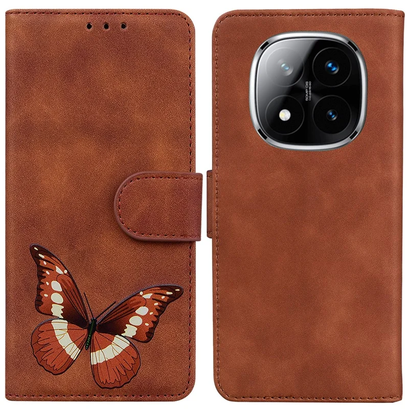 For Xiaomi Redmi Note 14 Pro 5G / Poco X7 5G Stand Case PU Leather Phone Cover Butterfly Printed - Brown
