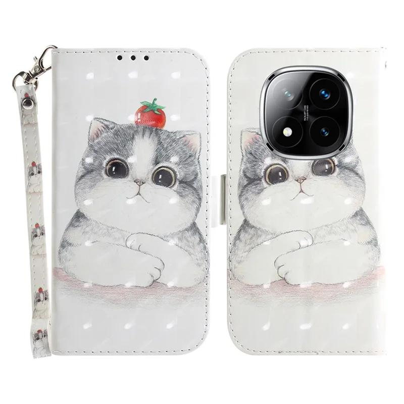 For Xiaomi Redmi Note 14 Pro 5G / Poco X7 5G Case Pattern Printing Leather Wallet Phone Cover with Wrist Strap - Cute Cat