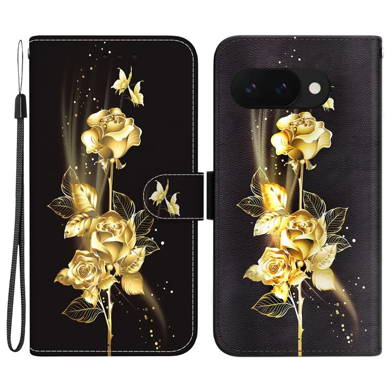 For Google Pixel 9a Wallet Phone Case Anti-Drop Leather Flip Cover Pattern Printing - Gold Butterfly Rose