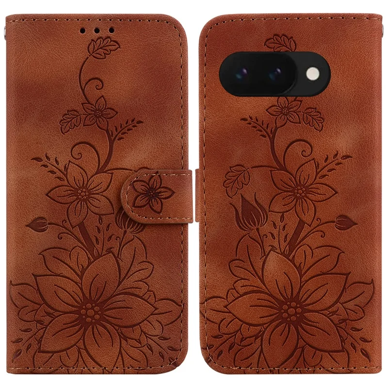 For Google Pixel 9a Case Lily Flower Imprint Leather Phone Cover with Stand - Brown