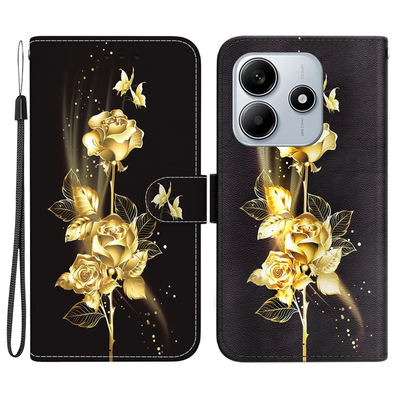 For Xiaomi Redmi Note 14 5G Wallet Phone Case Anti-Drop Leather Flip Cover Pattern Printing - Gold Butterfly Rose