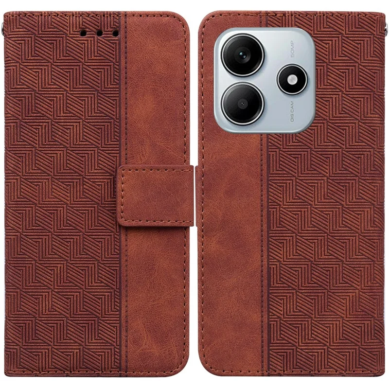 For Xiaomi Redmi Note 14 5G Case Geometry Pattern Leather Wallet Phone Cover with Wrist Strap - Brown