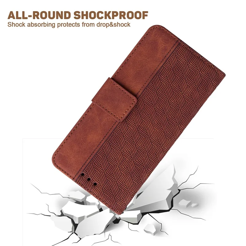 For Xiaomi Redmi Note 14 5G Case Geometry Pattern Leather Wallet Phone Cover with Wrist Strap - Brown