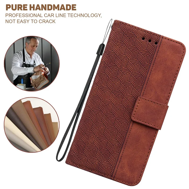 For Xiaomi Redmi Note 14 5G Case Geometry Pattern Leather Wallet Phone Cover with Wrist Strap - Brown