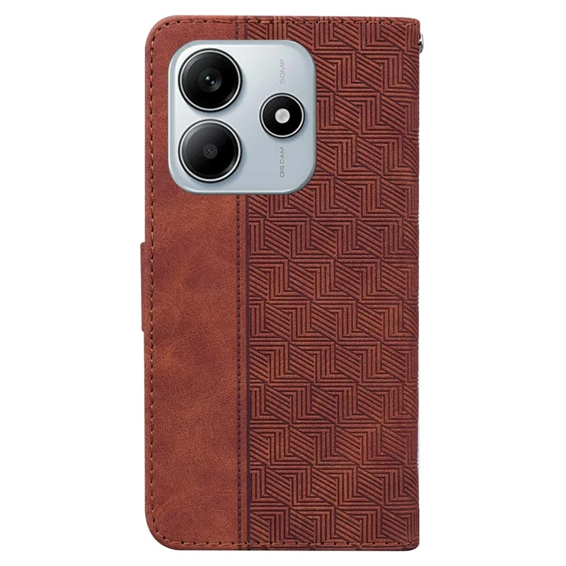 For Xiaomi Redmi Note 14 5G Case Geometry Pattern Leather Wallet Phone Cover with Wrist Strap - Brown
