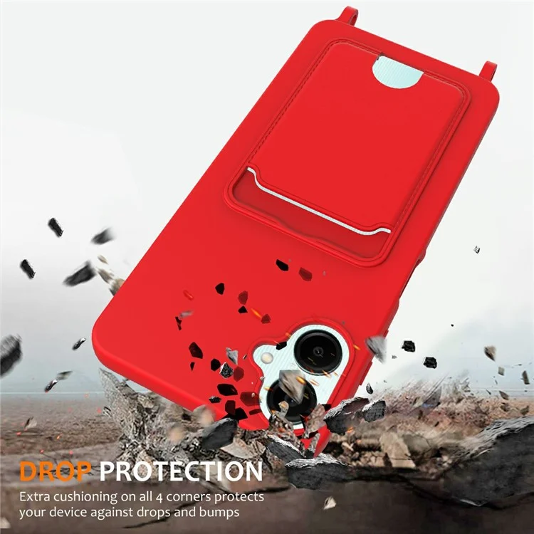 For Samsung Galaxy A06 4G Case Liquid Silicone Card Holder Phone Back Cover with Lanyard - Red