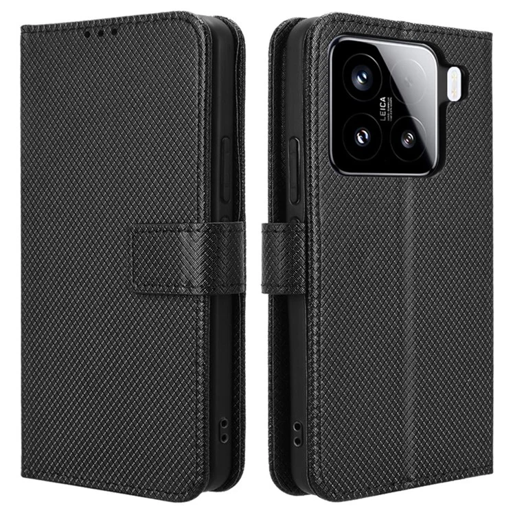 Funda para Xiaomi 15 Pro 5G de piel de PU con textura de diamante y cartera - Negro
