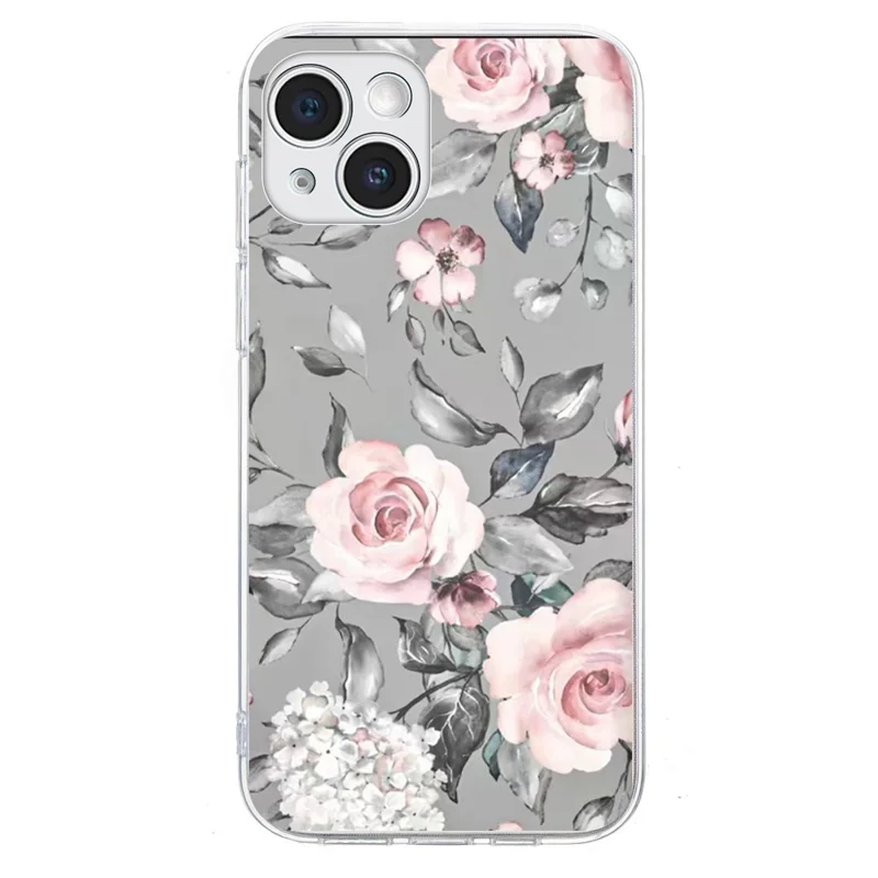 For iPhone 15 Plus Case Pattern Printing Shockproof Soft TPU Phone Cover - Grey Background Flowers