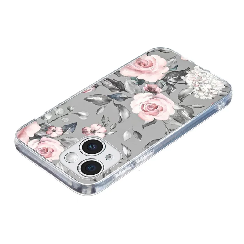 For iPhone 15 Plus Case Pattern Printing Shockproof Soft TPU Phone Cover - Grey Background Flowers