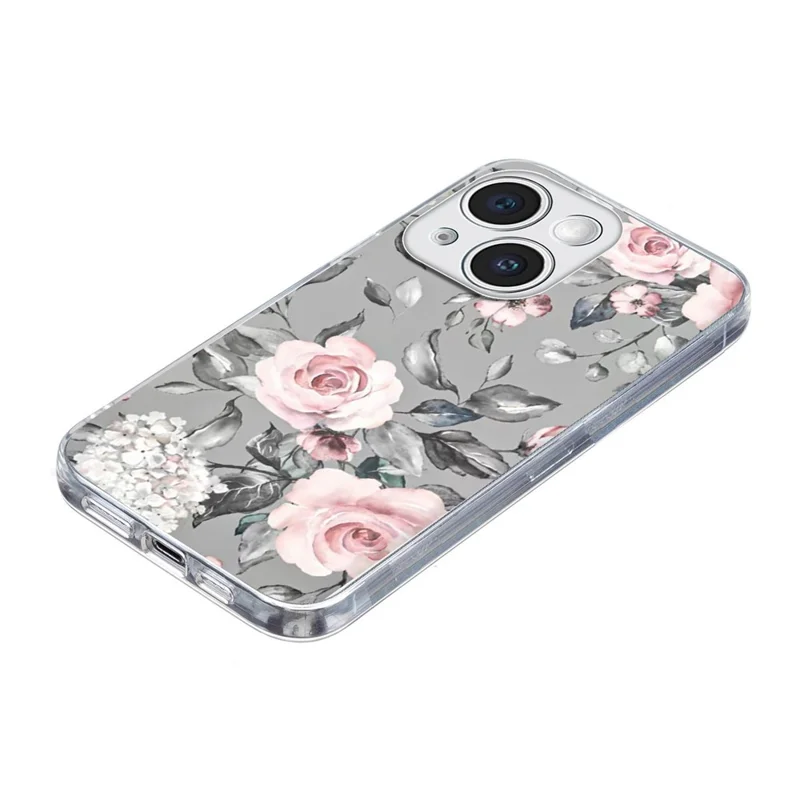 For iPhone 15 Plus Case Pattern Printing Shockproof Soft TPU Phone Cover - Grey Background Flowers