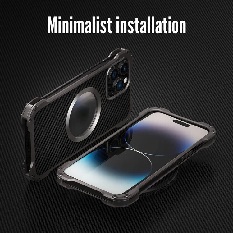 R-JUST RJ-51 For iPhone 14 Pro Back Hollow Design Protective Cover Carbon Fiber PC + Aluminum Alloy Anti-drop Case Compatible with Magsafe Charger